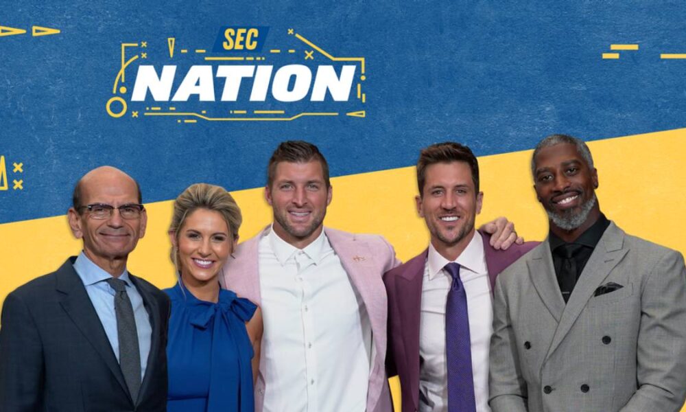 A photo of the SEC Nation crew featuring Paul Finebaum, Laura Rutledge, Tim Tebow, Jordan Rodgers, and Roman Harper