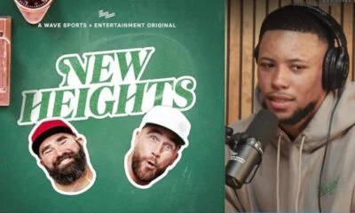 Logo for the New Heights podcast and a photo of Saquon Barkley