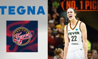 Logos for Tegna and the Indiana Fever and a picture of Caitlin Clark